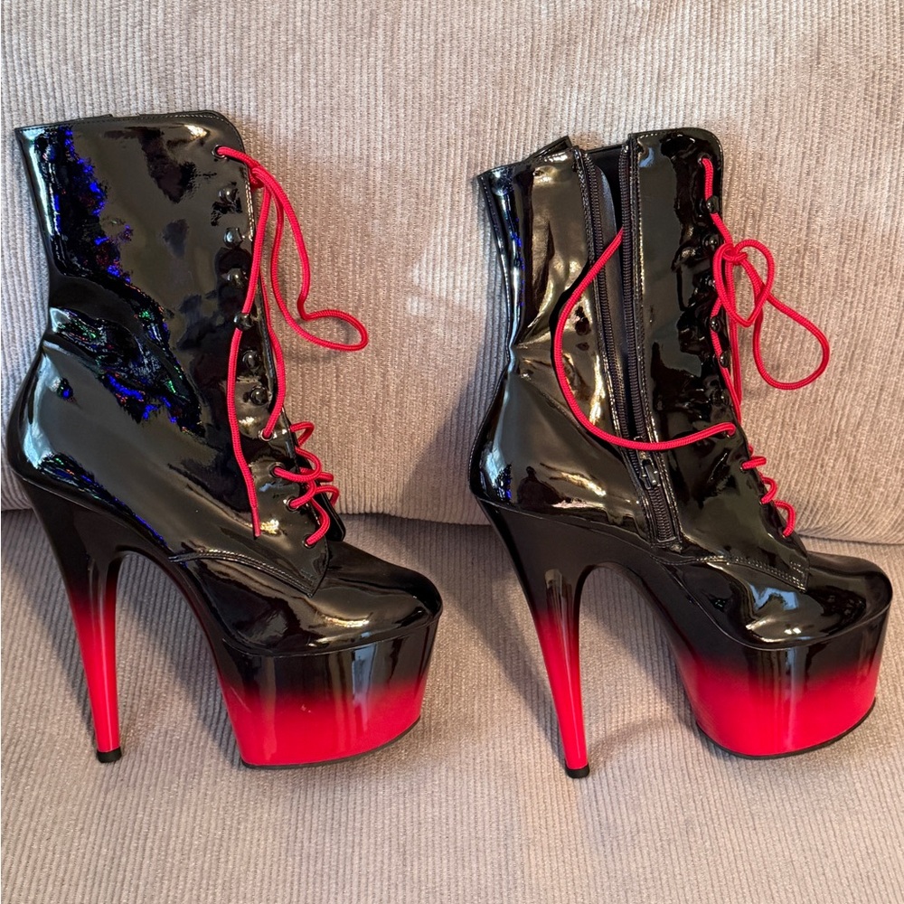 Pleaser Black Patent Platform Lace-Up Boots with Red Ombre Heel - Picture 2 of 9